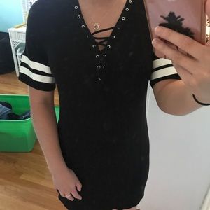 Black baseball tee dress with lace up front